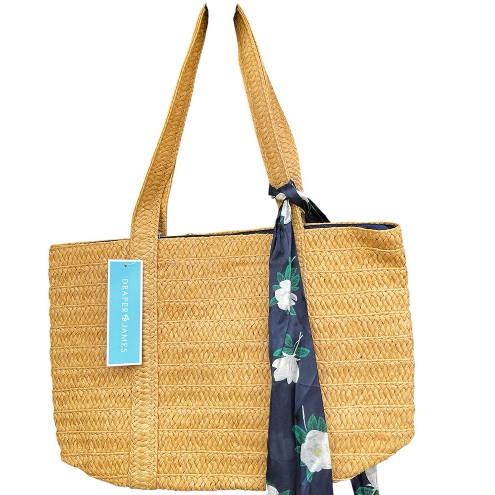 Draper James new with tag Tan Woven straw Tote with Navy floral scarf